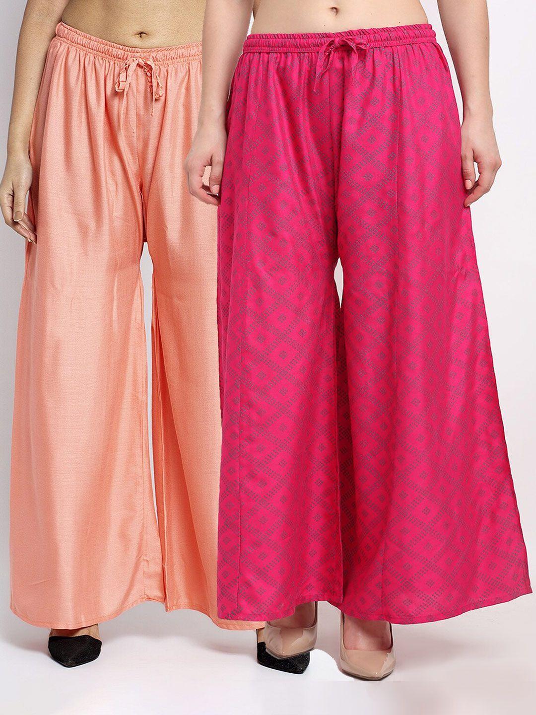 gracit women pack of 2 peach-coloured & pink printed flared knitted ethnic palazzos