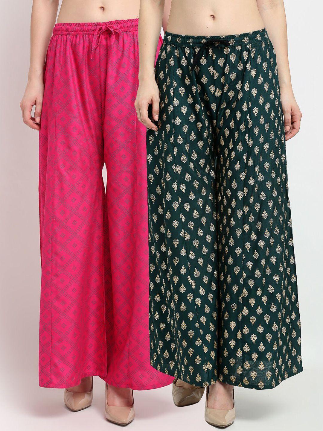 gracit women pack of 2 pink & green ethnic motifs printed knitted ethnic palazzos