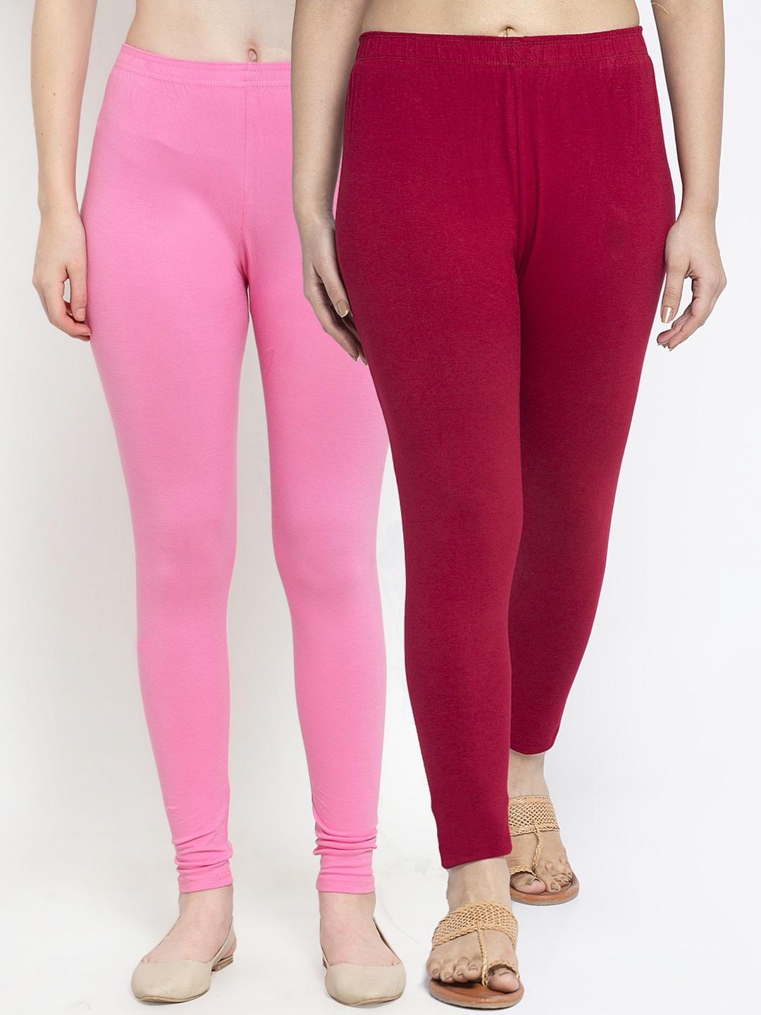 gracit women pack of 2 pink & maroon solid ankle length leggings