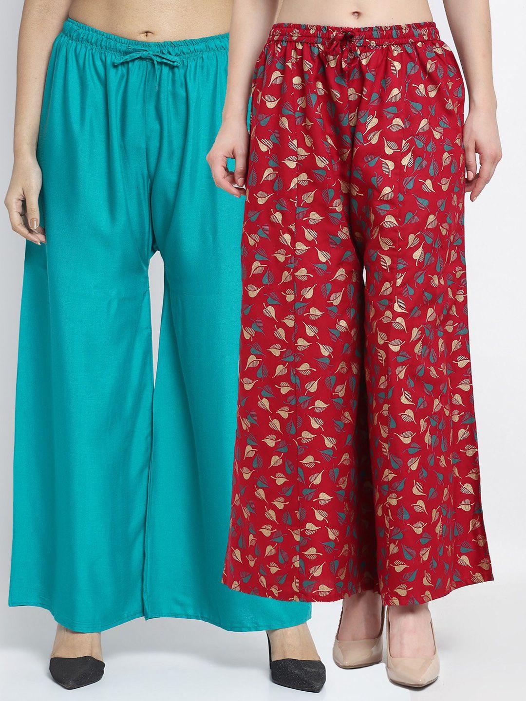 gracit women pack of 2 sea green & maroon printed flared knitted ethnic palazzos