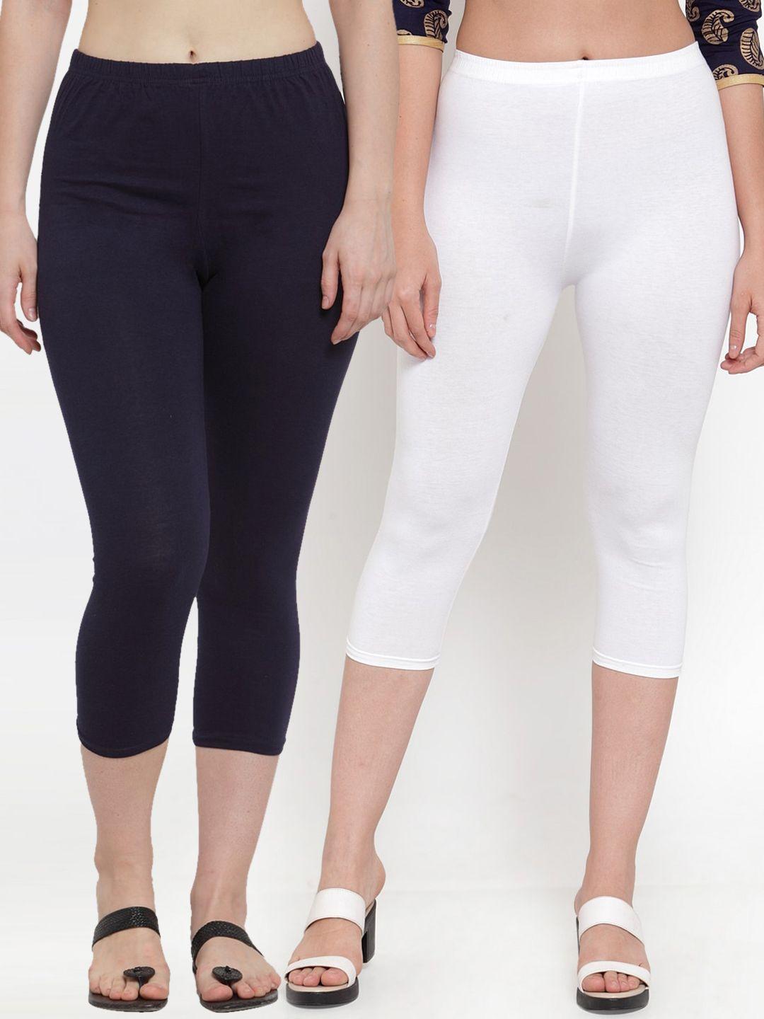 gracit women pack of 2 white & navy blue solid capris