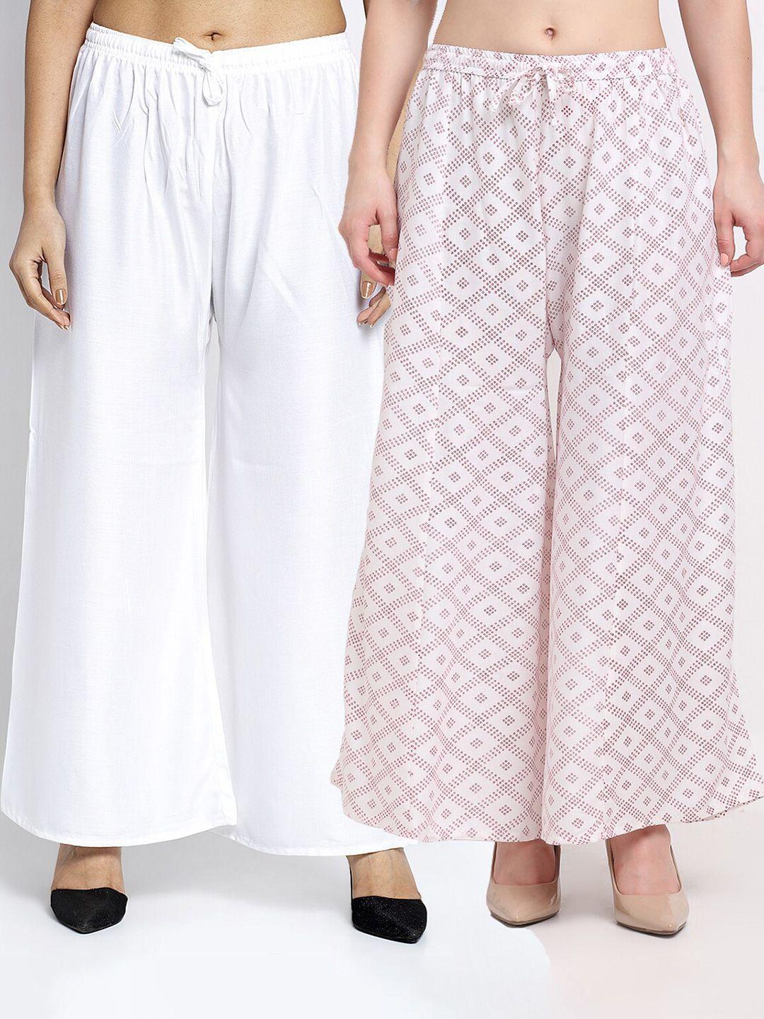 gracit women pack of 2 white & off white printed flared knitted ethnic palazzos