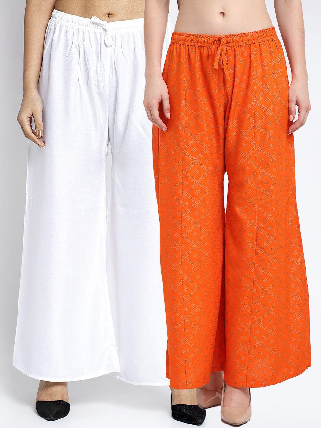 gracit women pack of 2 white & orange printed flared knitted ethnic palazzos