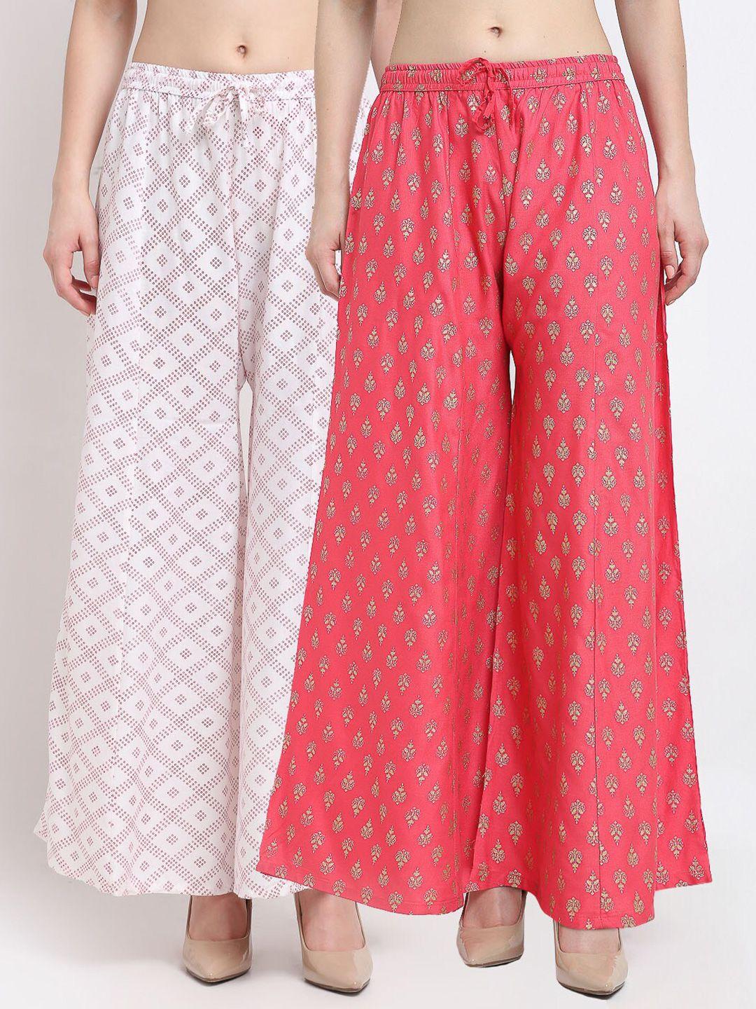 gracit women pack of 2 white & pink ethnic motifs printed knitted ethnic palazzos