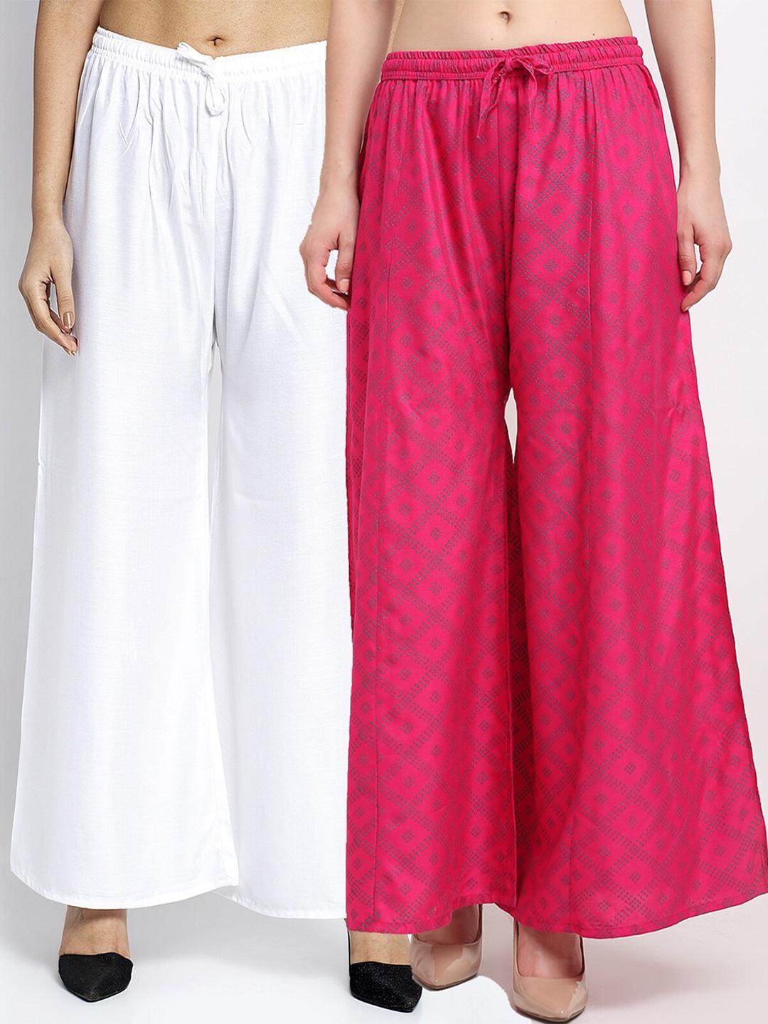 gracit women pack of 2 white & pink printed flared knitted ethnic palazzos