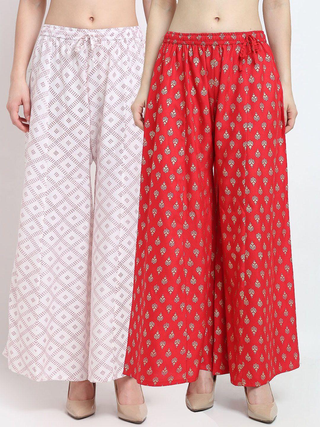 gracit women pack of 2 white & red ethnic motifs printed knitted ethnic palazzos