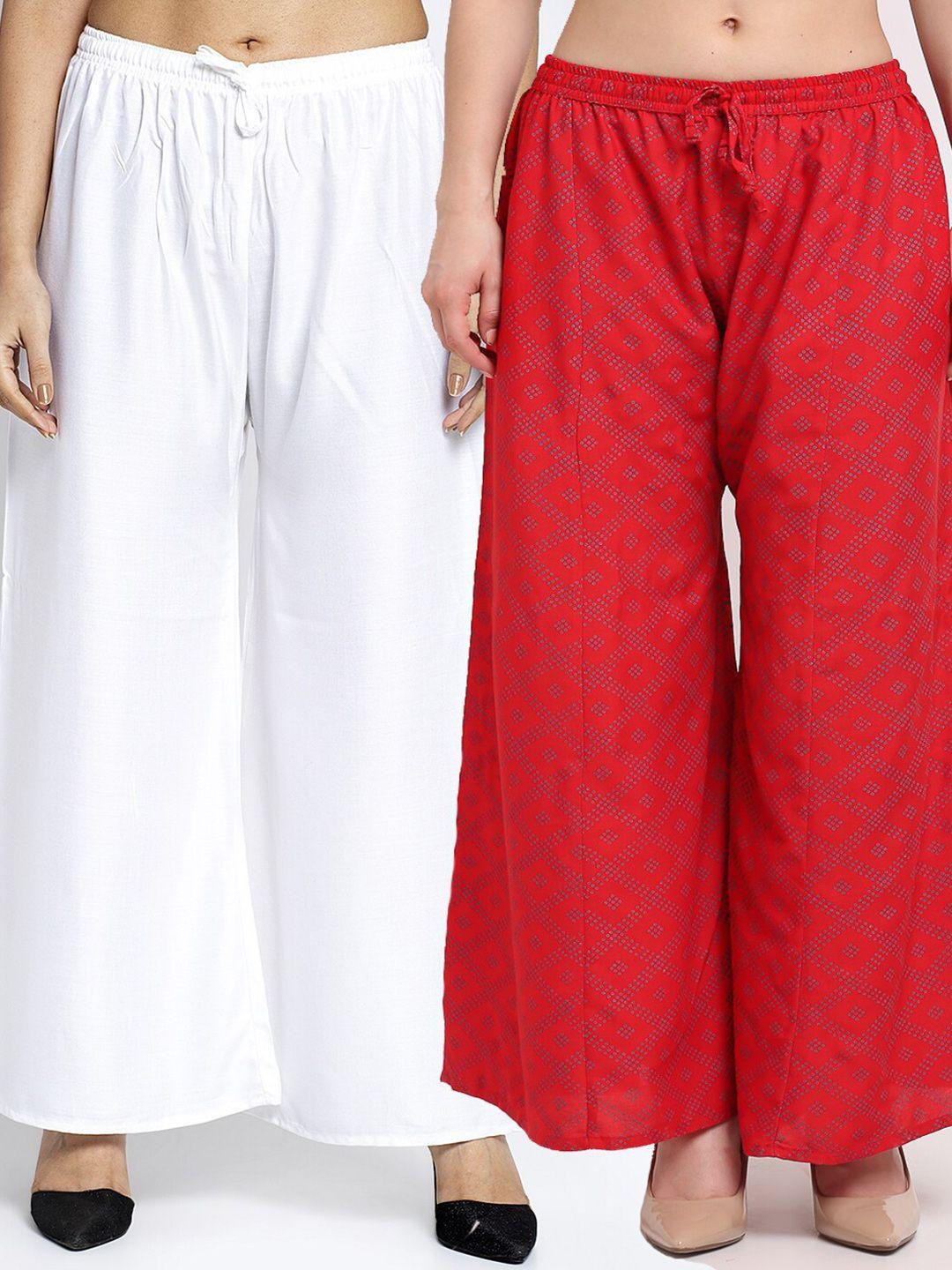 gracit women pack of 2 white & red printed flared knitted ethnic palazzos
