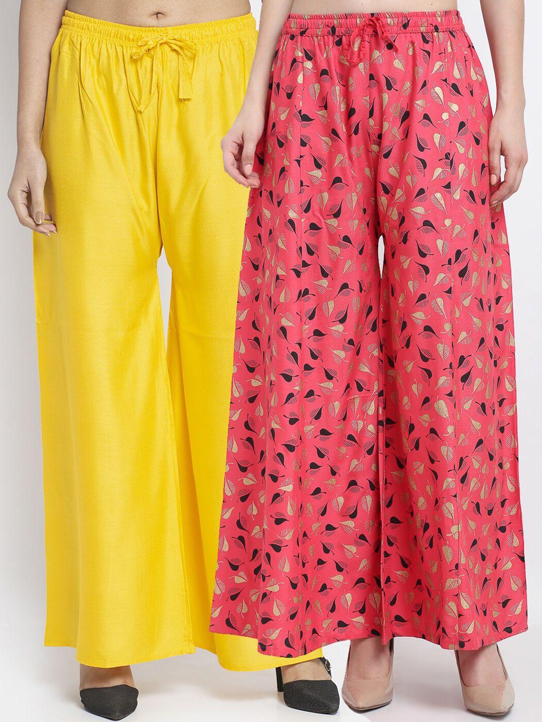 gracit women pack of 2 yellow & pink leaves printed ethnic palazzos