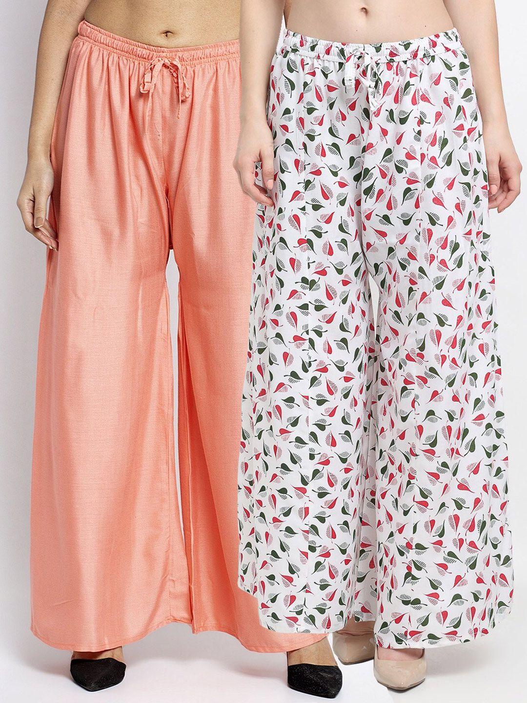 gracit women peach-coloured & white pack of 2 printed flared knitted ethnic palazzos