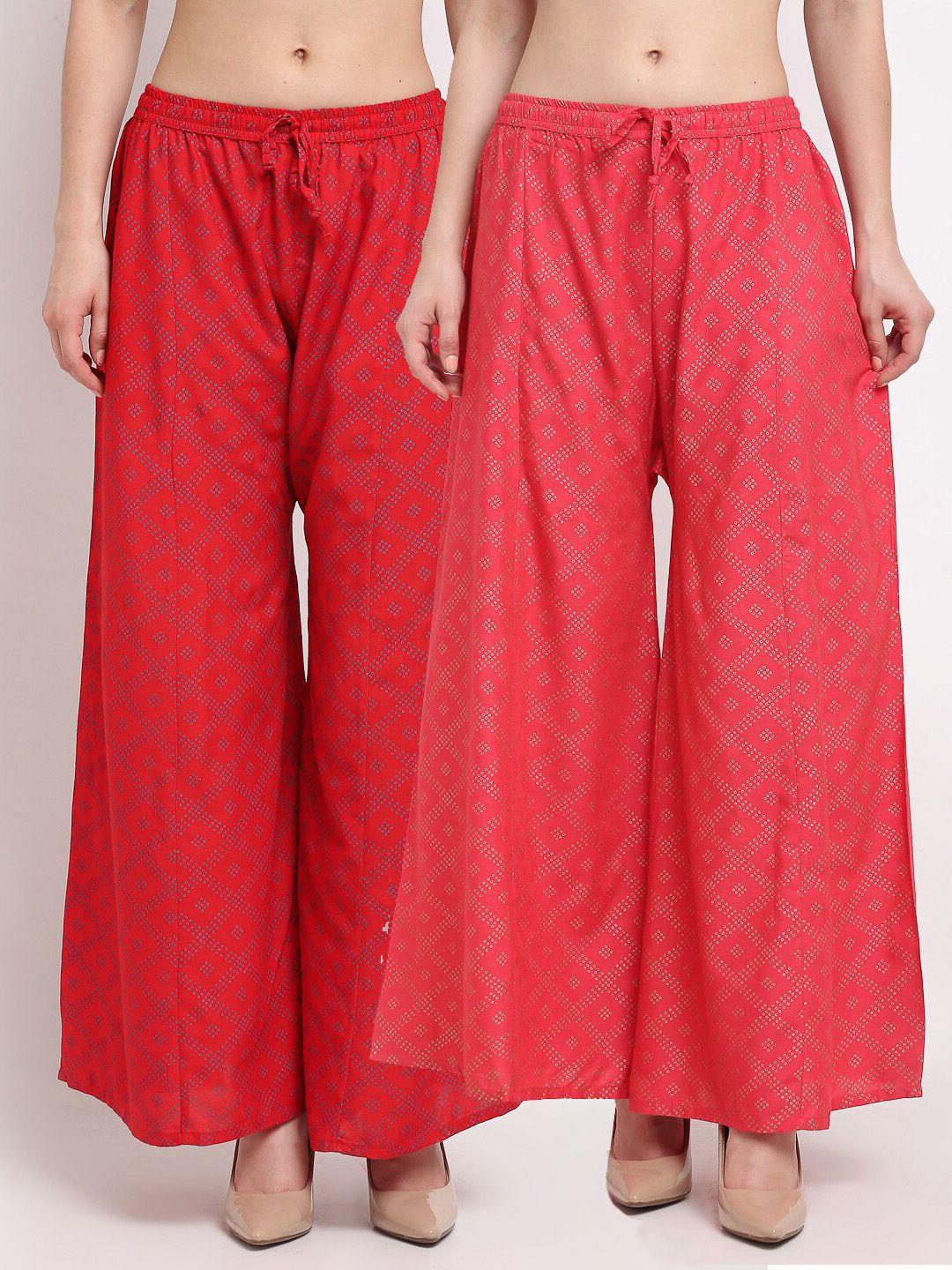 gracit women red & peach-coloured block printed flared palazzos set of 2