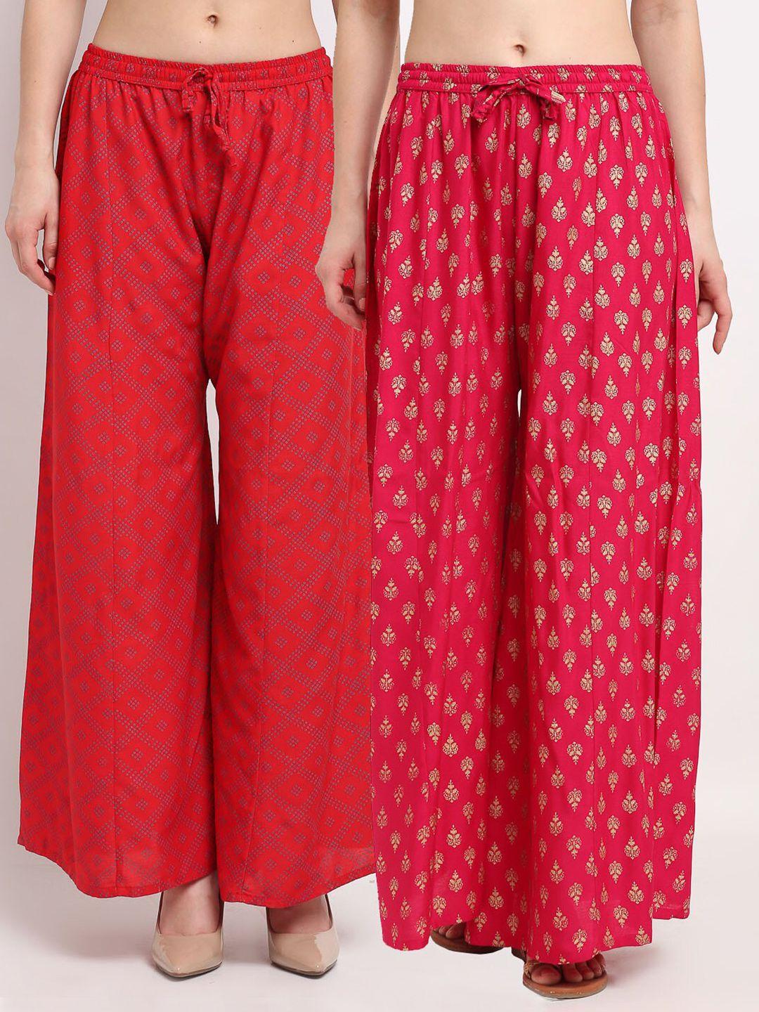 gracit women red & pink pack of 2 ethnic motifs printed flared knitted ethnic palazzos