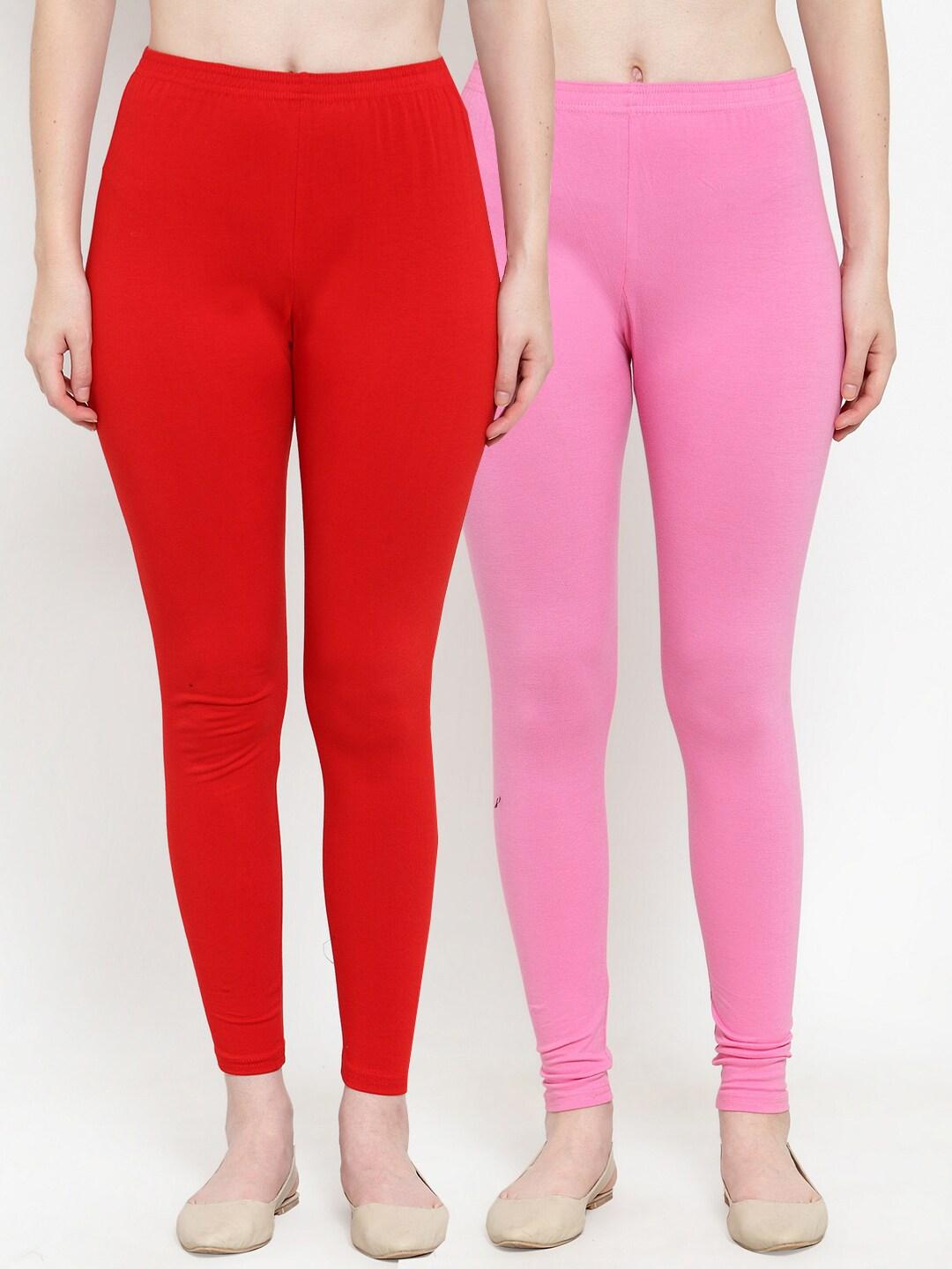 gracit women red & pink pack of 2 solid ankle-length leggings