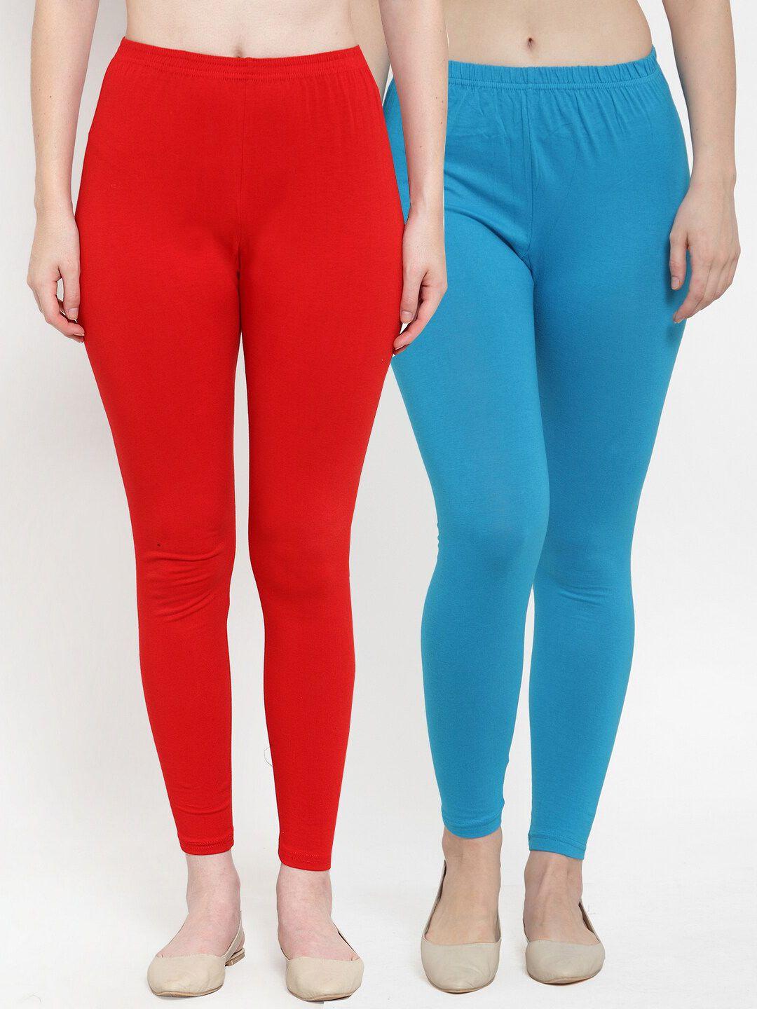 gracit women red & turquoise blue pack of 2 solid ankle-length cotton leggings
