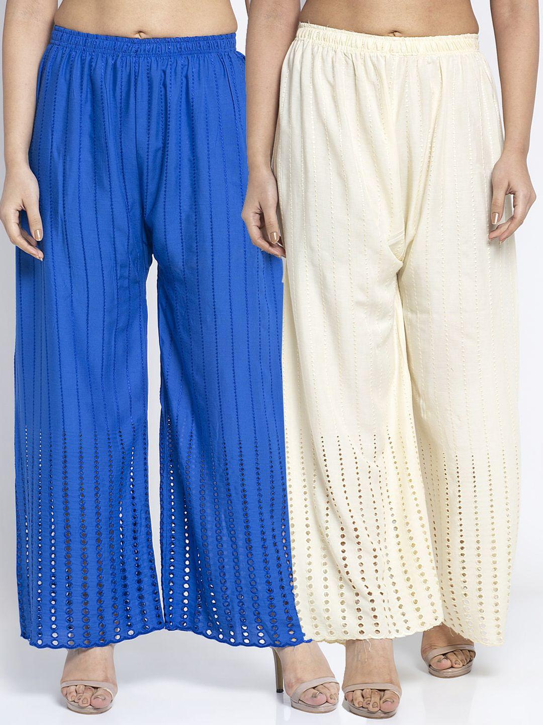 gracit women set of 2 blue & cream-coloured  knitted ethnic palazzos