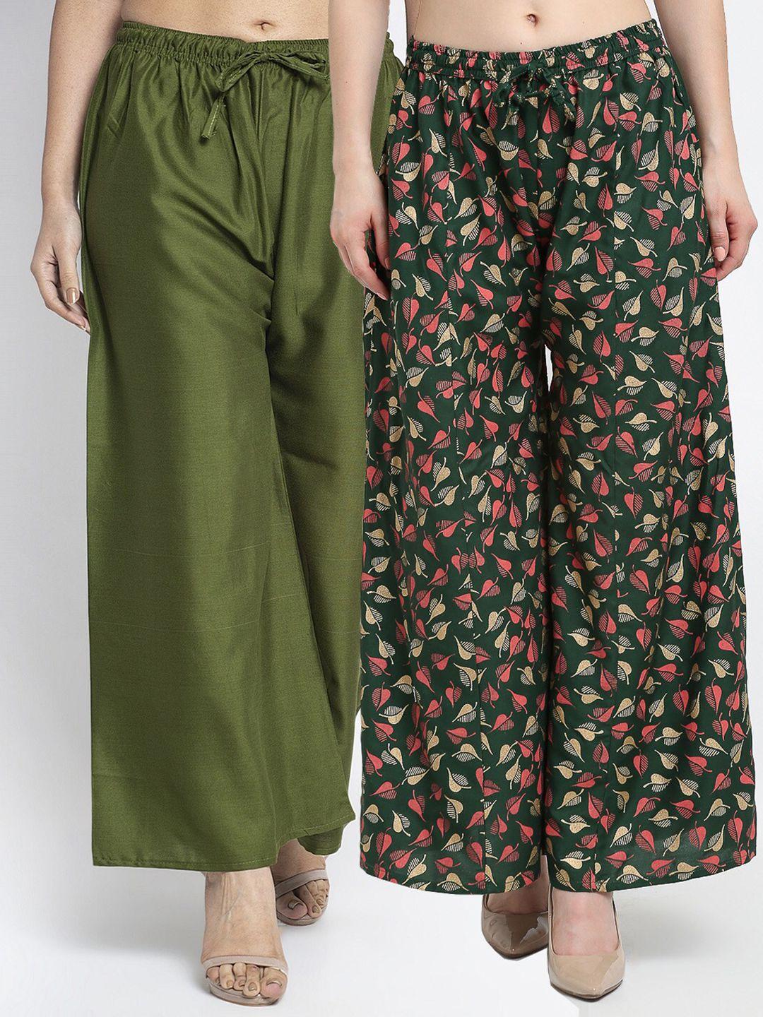 gracit women set of 2 green & black printed rayon palazzos