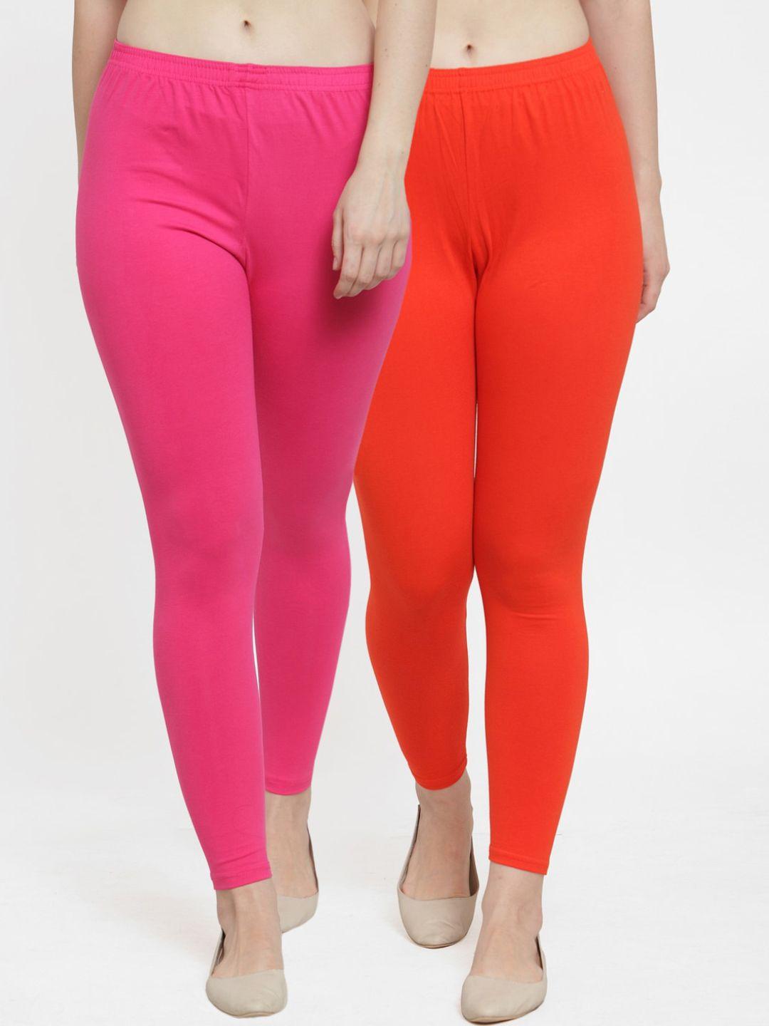 gracit women set of 2 pink & orange solid ankle-length leggings