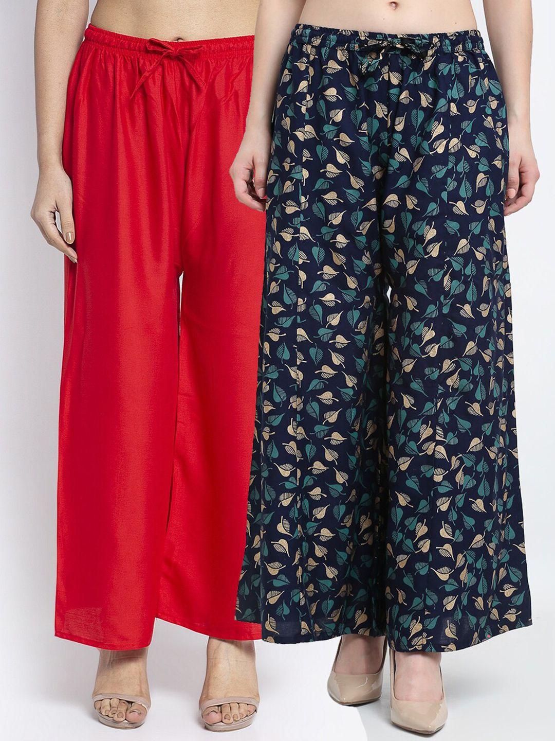 gracit women set of 2 red & navy blue printed palazzos