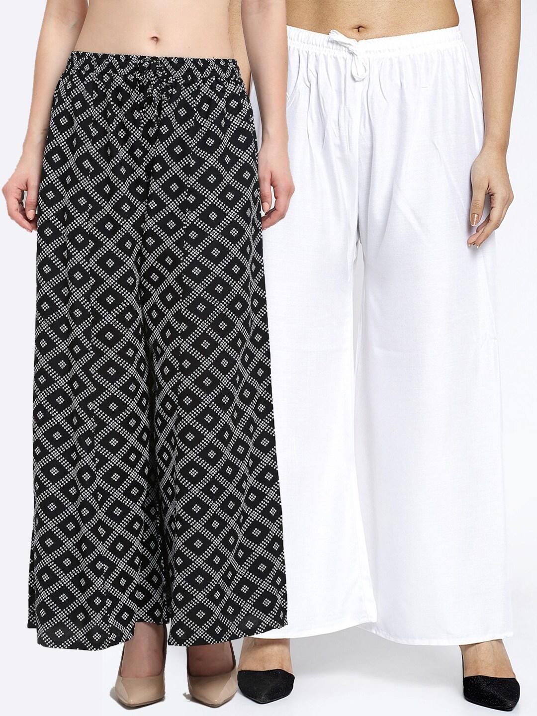 gracit women set of 2 white & black printed flared fit palazzos