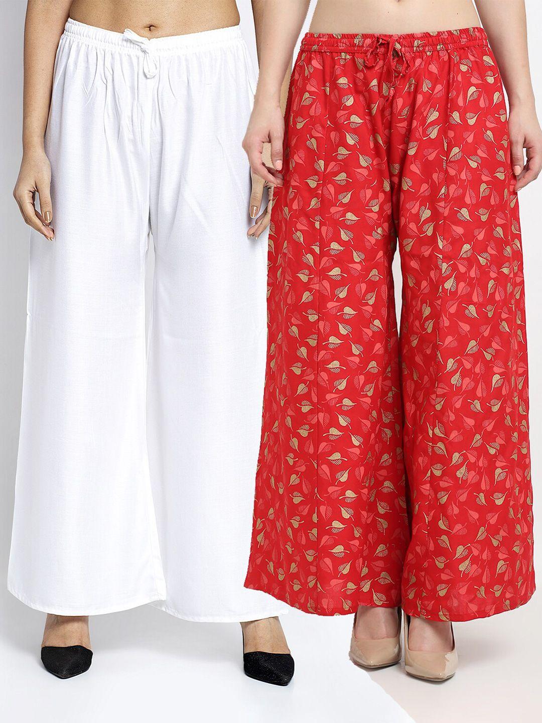 gracit women set of 2 white & red printed rayon palazzos