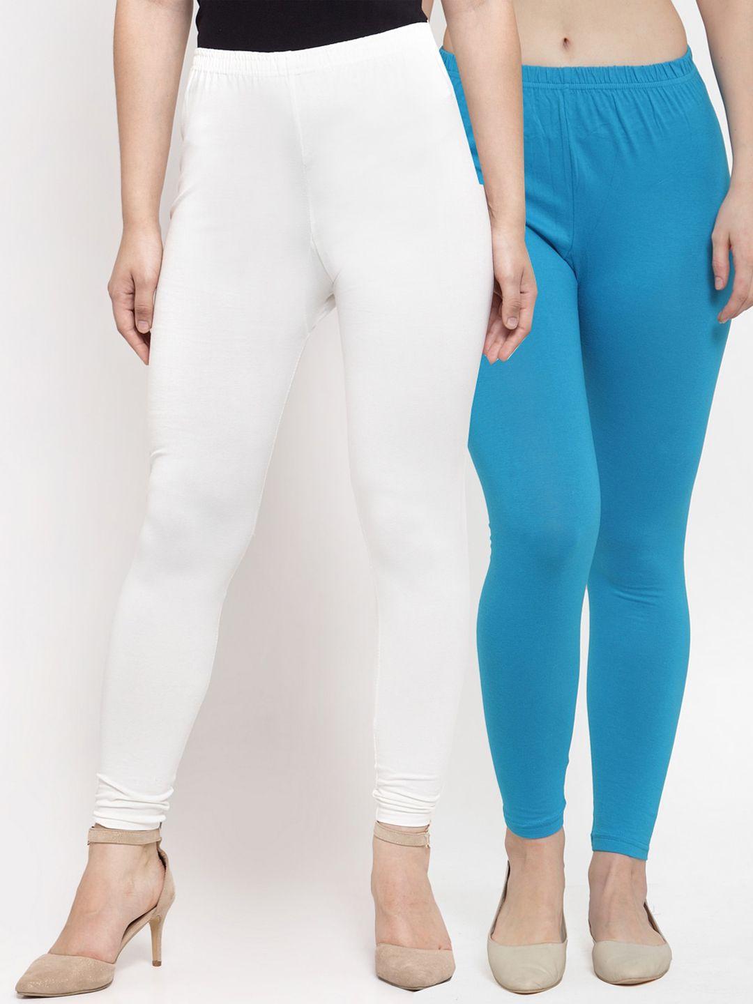 gracit women white & turquoise blue  pack of 2 solid ankle-length leggings