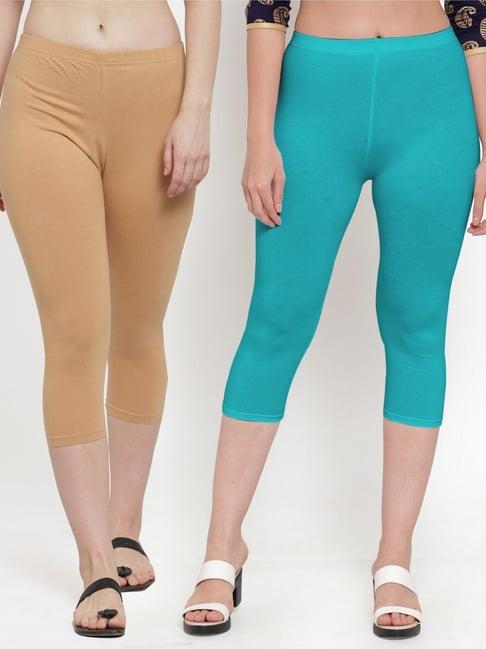 gracit beige & aqua blue mid rise capris - pack of 2