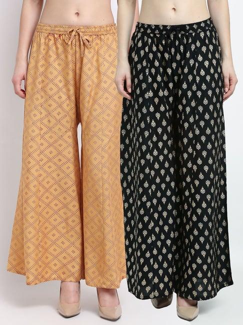 gracit beige & black printed palazzos - pack of 2