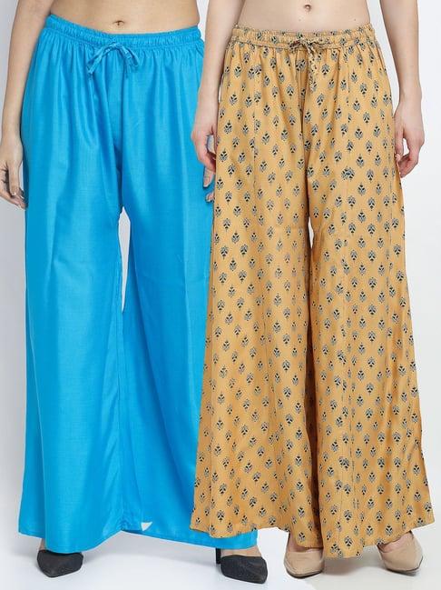 gracit beige & blue printed palazzos - pack of 2