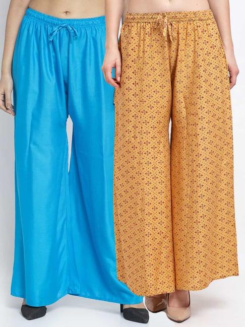 gracit beige & blue printed palazzos - pack of 2