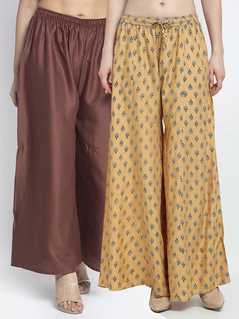 gracit beige & brown printed palazzos - pack of 2