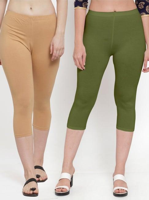 gracit beige & green mid rise capris - pack of 2