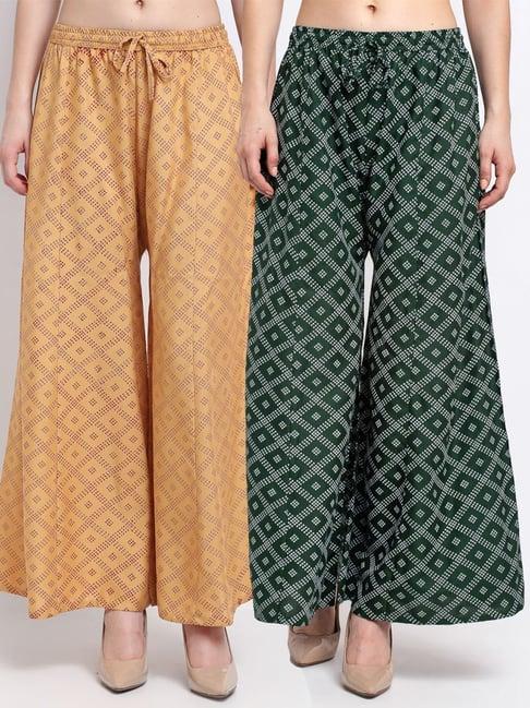 gracit beige & green printed palazzos - pack of 2