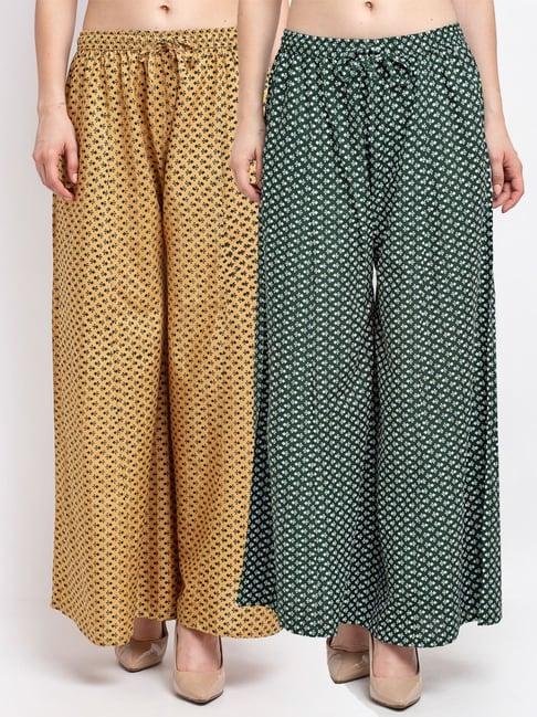 gracit beige & green printed palazzos - pack of 2