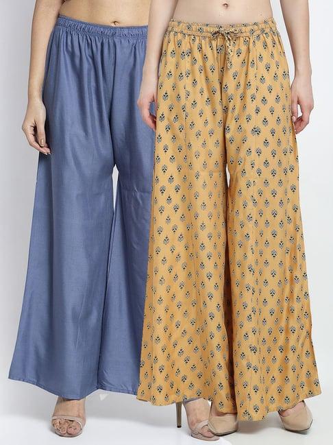 gracit beige & grey printed palazzos - pack of 2
