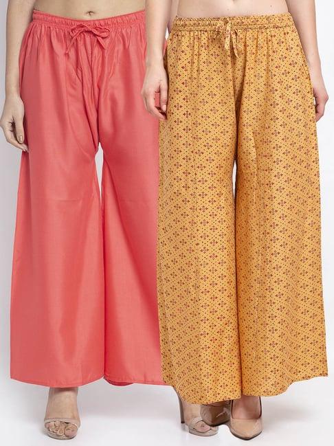 gracit beige & peach printed palazzos - pack of 2