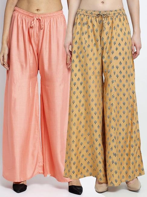 gracit beige & peach printed palazzos - pack of 2