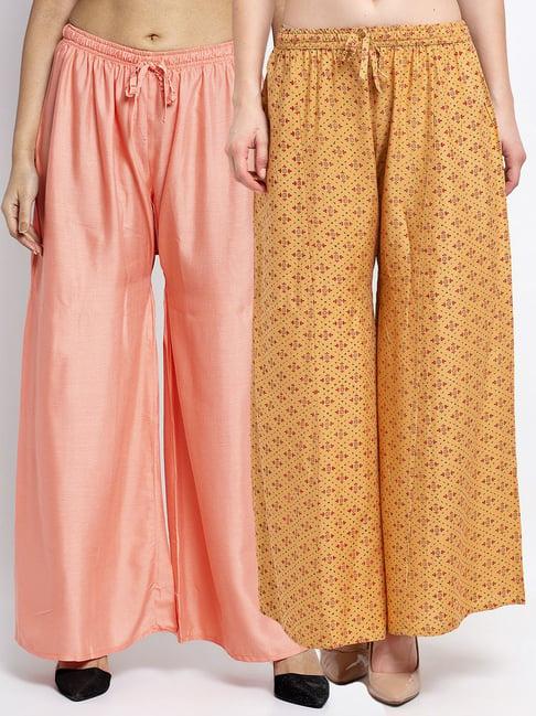 gracit beige & peach printed palazzos - pack of 2