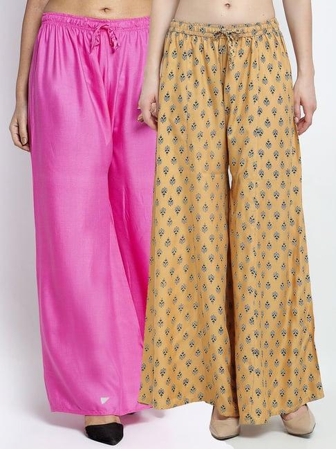 gracit beige & pink printed palazzos - pack of 2