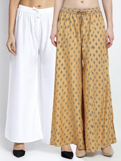 gracit beige & white printed palazzos - pack of 2
