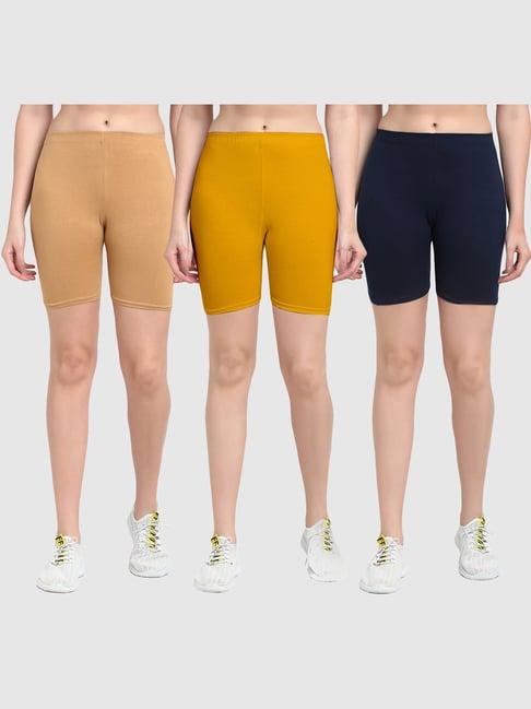 gracit beige & yellow cotton sports shorts - pack of 3