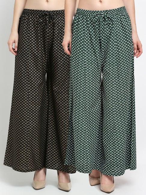 gracit black & green printed palazzos - pack of 2