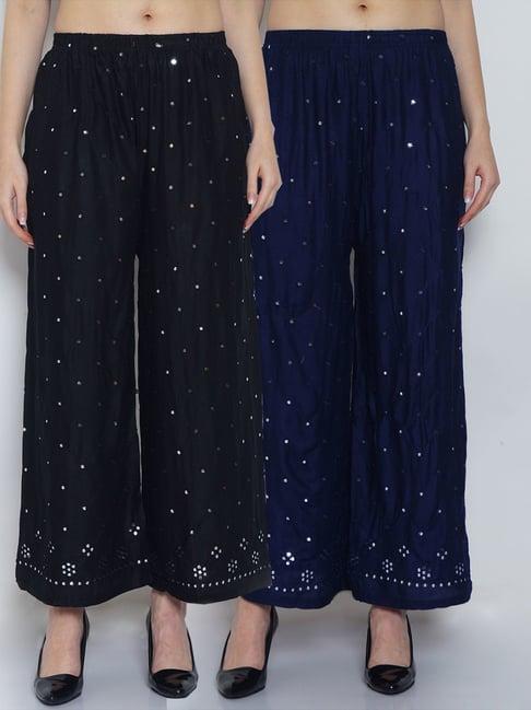 gracit black & navy embroidered palazzos - pack of 2