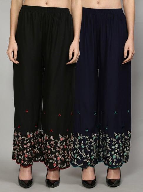 gracit black & navy embroidered palazzos - pack of 2