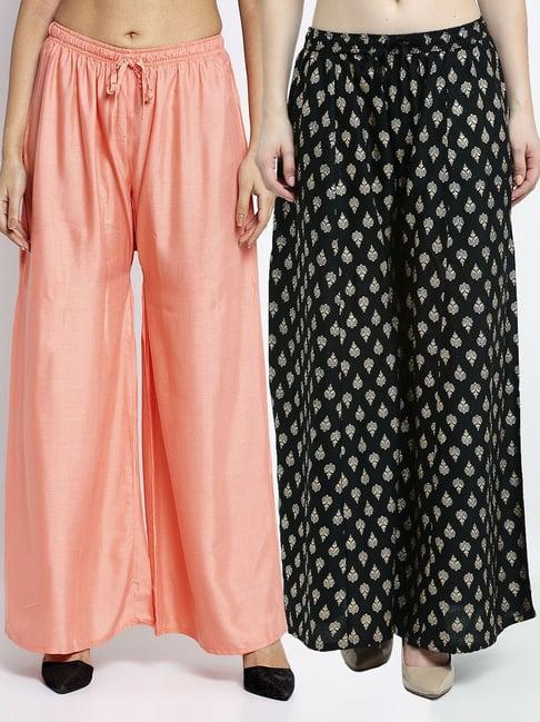 gracit black & peach printed palazzos - pack of 2