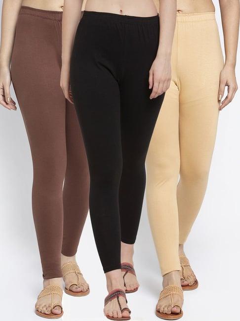 gracit black & skin mid rise leggings - pack of 3