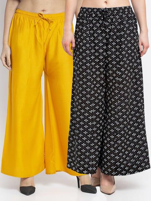 gracit black & yellow printed palazzos - pack of 2