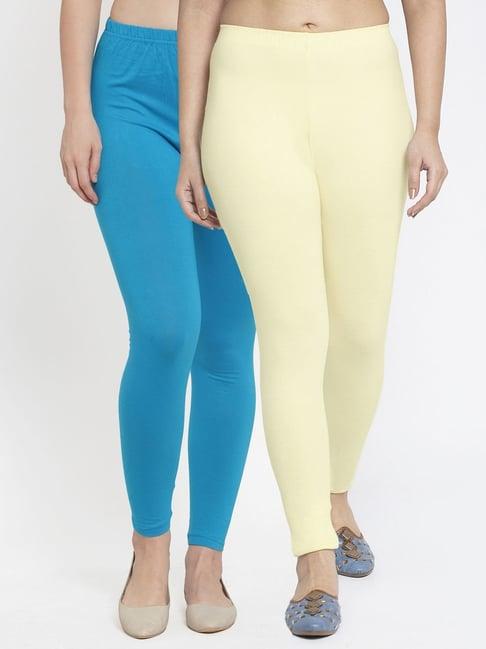 gracit blue & cream mid rise leggings - pack of 2