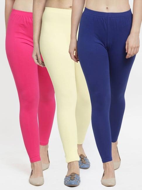 gracit blue & cream mid rise leggings - pack of 3