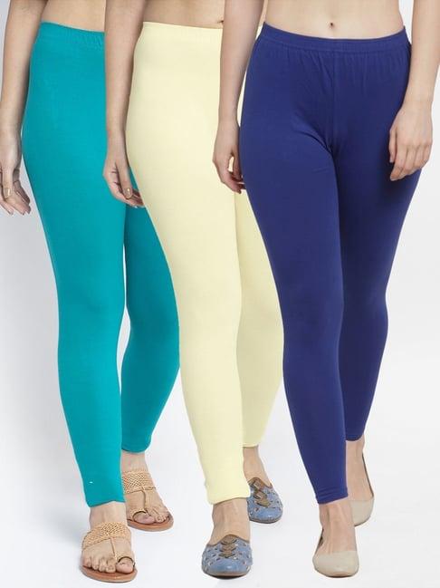 gracit blue & cream mid rise leggings - pack of 3