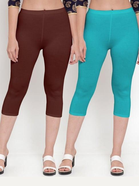 gracit brown & aqua blue mid rise capris - pack of 2