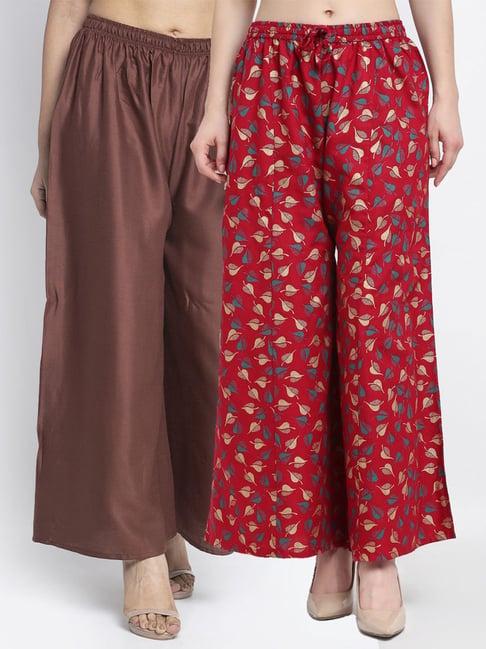 gracit brown & maroon flared fit palazzos - pack of 2